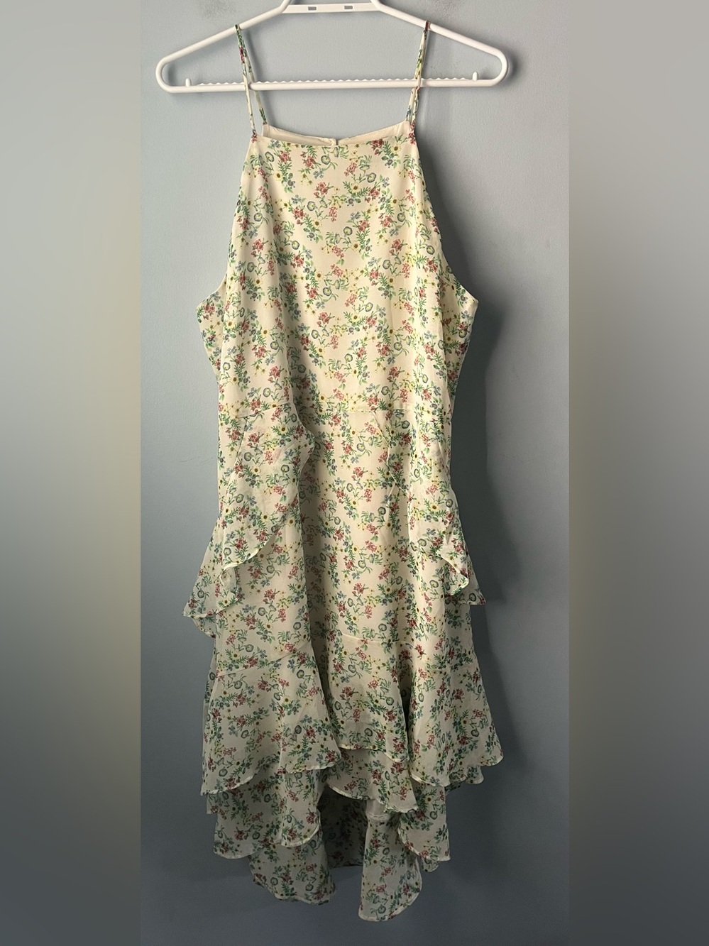 Banana Republic White & Green Floral High-Low Flowy Ruffle Midi Dress Size 14